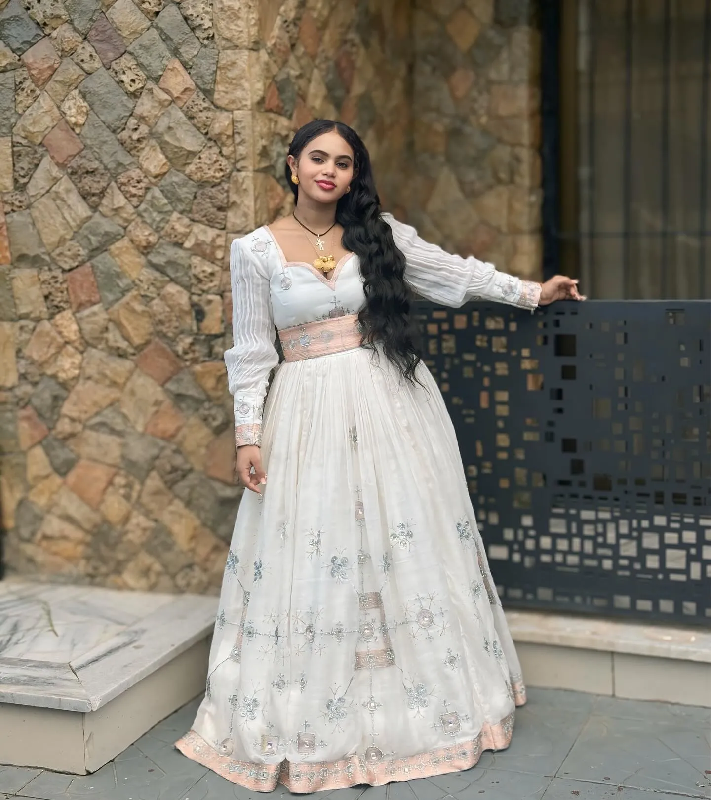 Gorgeous Silver with Pink Embroidery Habesha Dress: Beautiful Look for Any Grand Events Traditional Ethiopian Dress