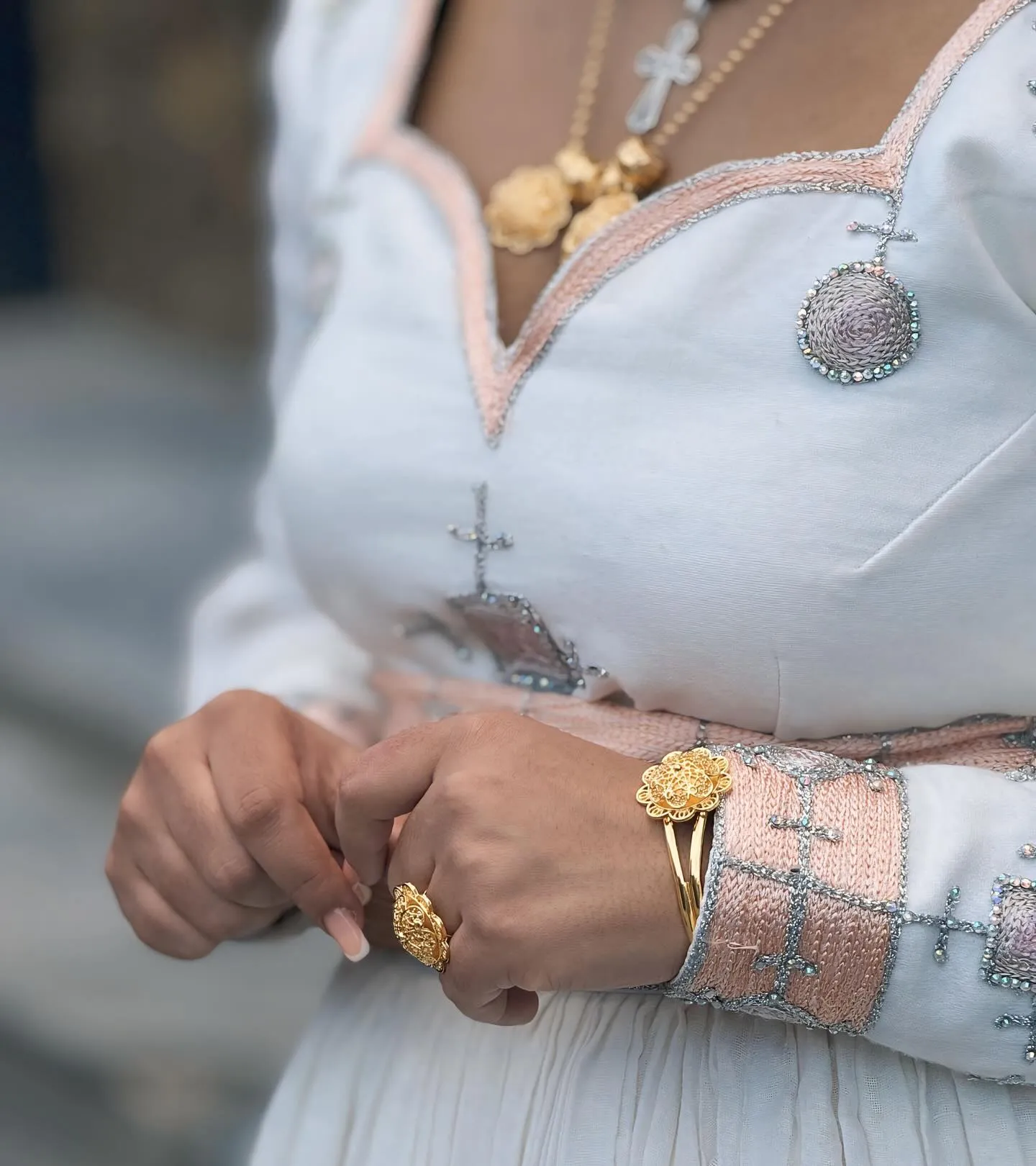 Gorgeous Silver with Pink Embroidery Habesha Dress: Beautiful Look for Any Grand Events Traditional Ethiopian Dress