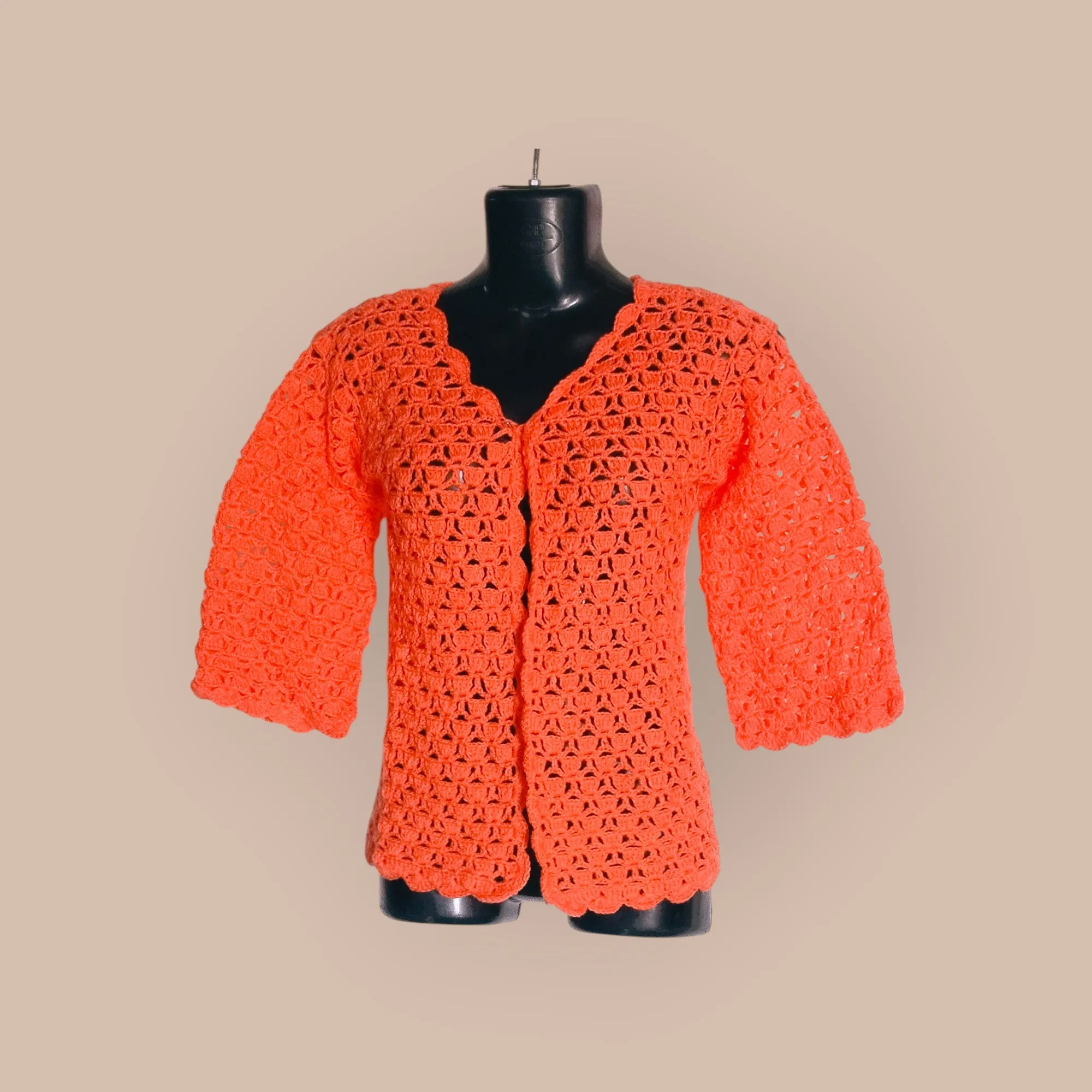 Graminarts Handmade Crochet Pattern Woolen Orange Cardigan For Ladies