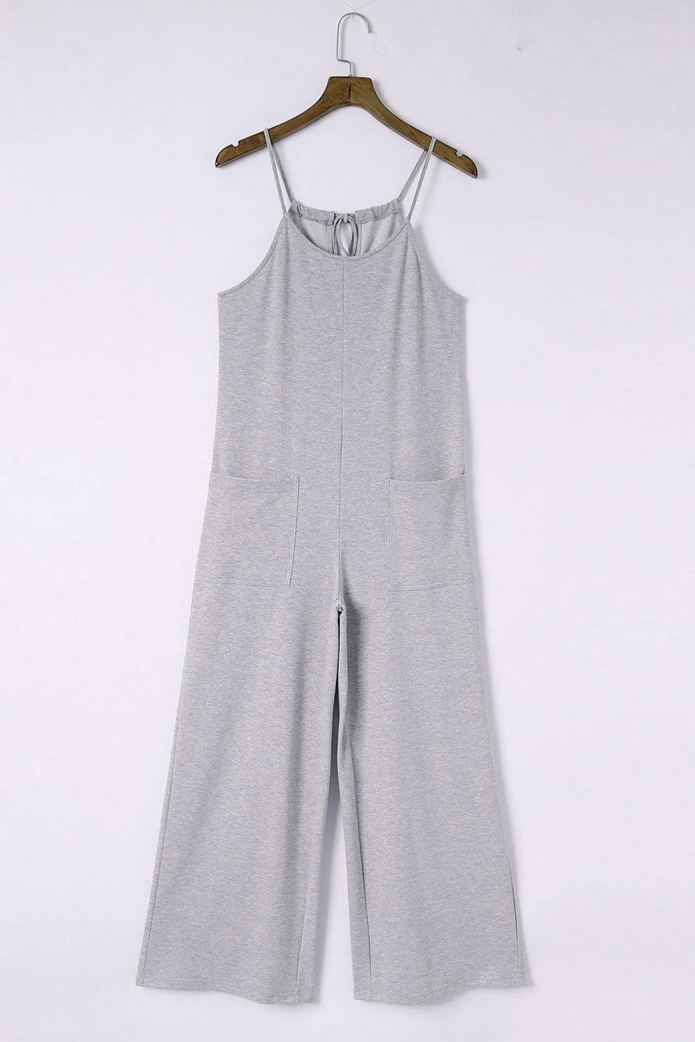 Gray Patch Spaghetti Strap Cotton Jumpsuit with Pockets