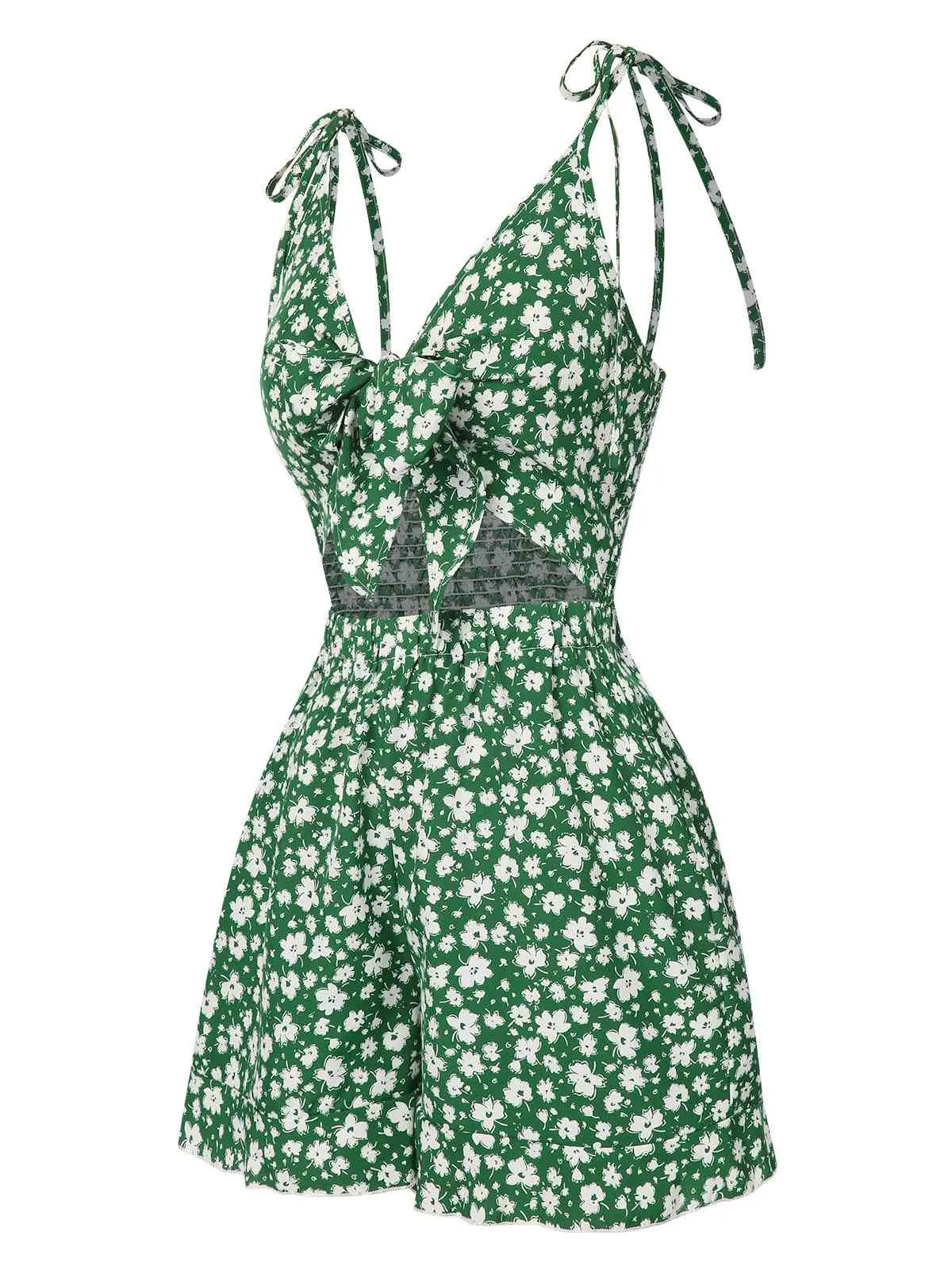 Green 1950s Ditsy Floral Tie Front Romper