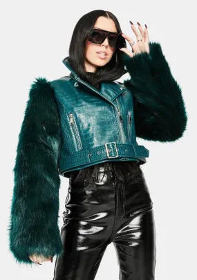 Green Nolla Faux Fur Croc Moto Jacket