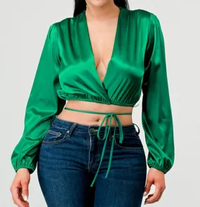 Green Satin Crop Top Blouse