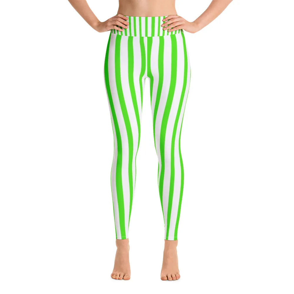 Green Striped Women's Yoga Pants, White Stretchy Long Gym Leggings-Made in USA/EU