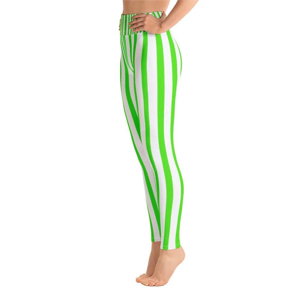 Green Striped Women's Yoga Pants, White Stretchy Long Gym Leggings-Made in USA/EU