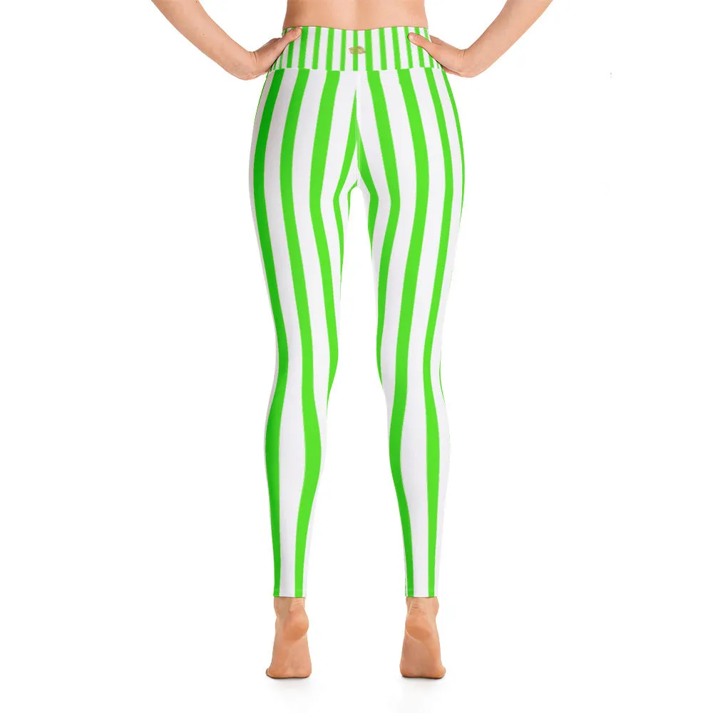 Green Striped Women's Yoga Pants, White Stretchy Long Gym Leggings-Made in USA/EU