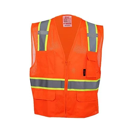 GSS Premium Class 2 Multi Purpose Two Tone Mesh Zipper 6 Pockets Vest 1502 Orange