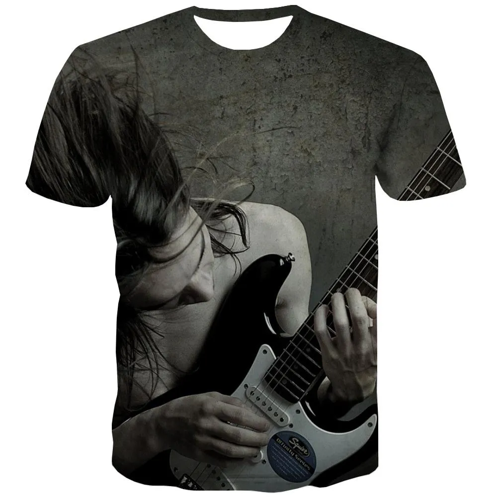 Guitar T-shirt Men Music Tshirts Cool Wooden Tshirt Anime Metal Shirt Print