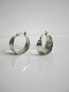 Hammered Chunky Hoop Earrings, .925 Sterling Silver Lightweight Medium Waterproof Hoop Earrings