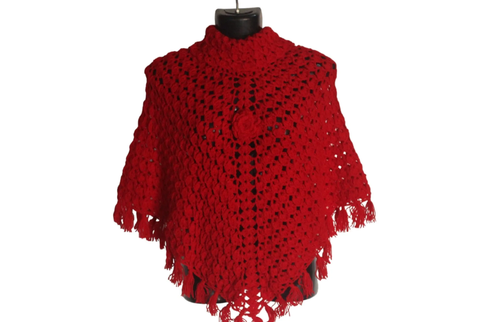 Handmade Woolen Crochet Beautiful Hot Red Poncho For Young Stylish Girls/Women