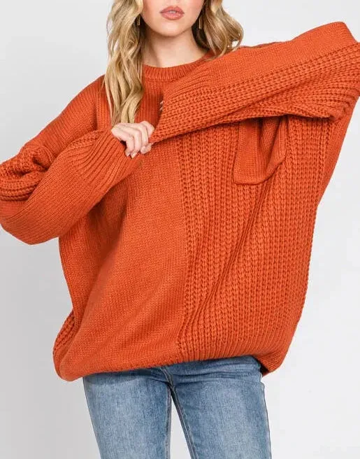 Harvest Time Oversized Cable Knit Sweater in Orange