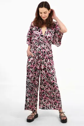 Jilly Deep V Jumpsuit - Pink, Abstract Ikat