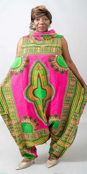 Karachic 251DAS - Pink Green - Dashiki Print Convertible Jumpsuit Dress with Cowl Neck