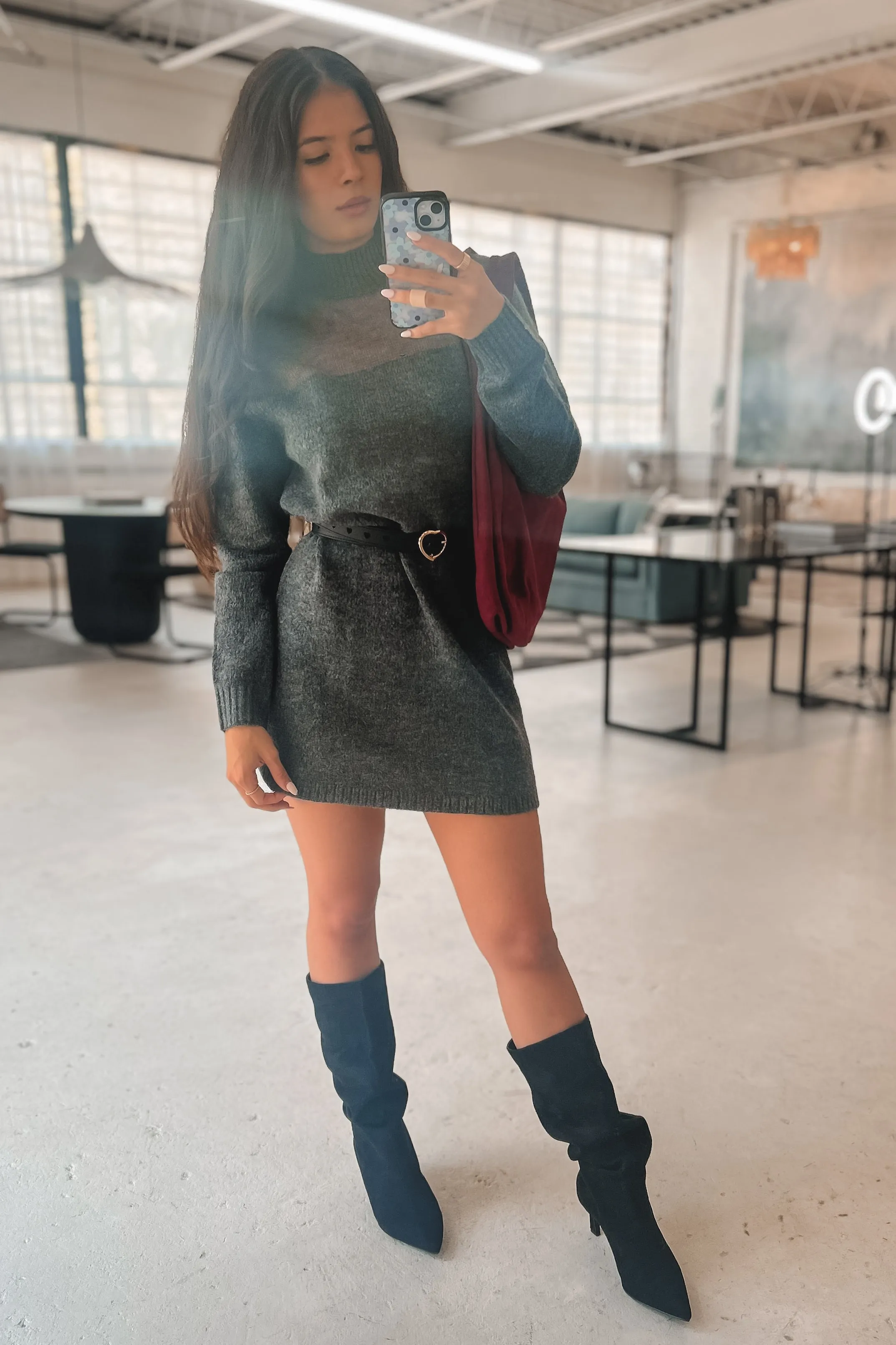 Keeping It Hot High-Neck Knit Sweater Dress