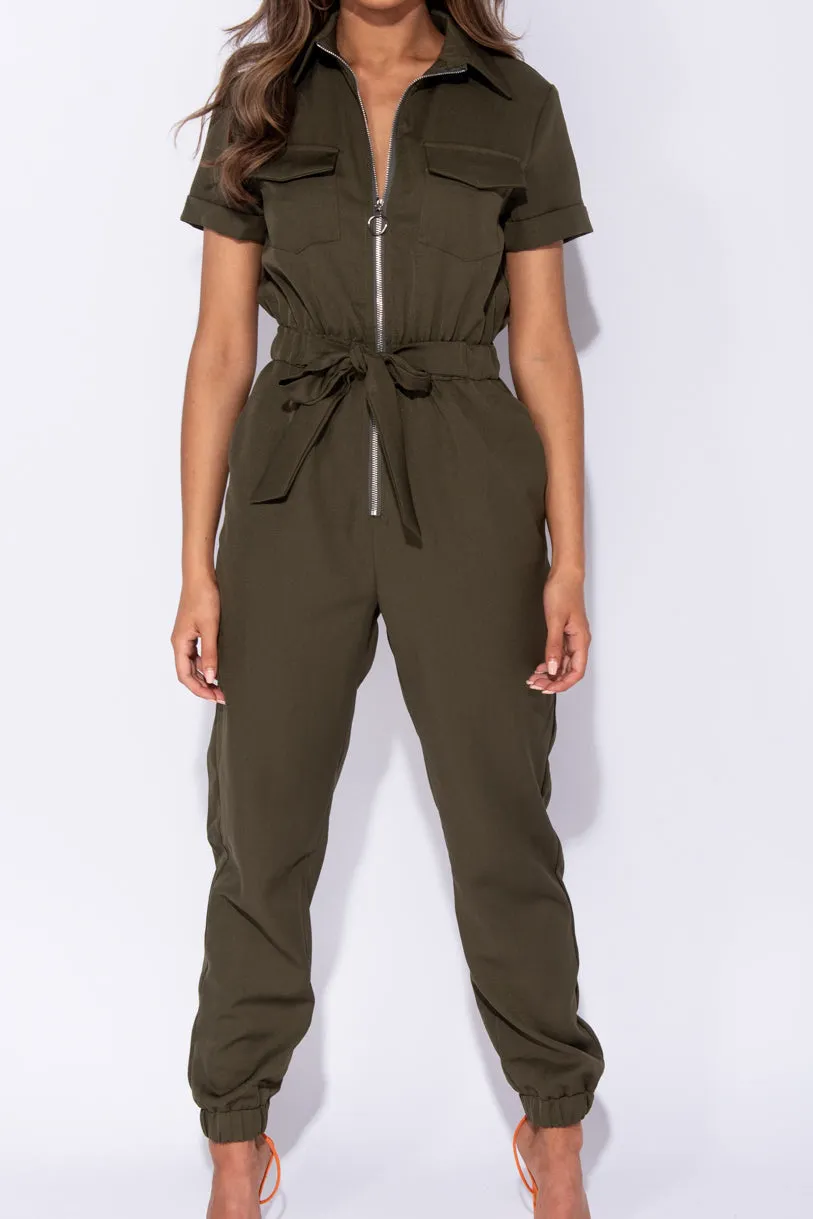 Khaki Zip Front Short Sleeve Belted Utility Jumpsuit