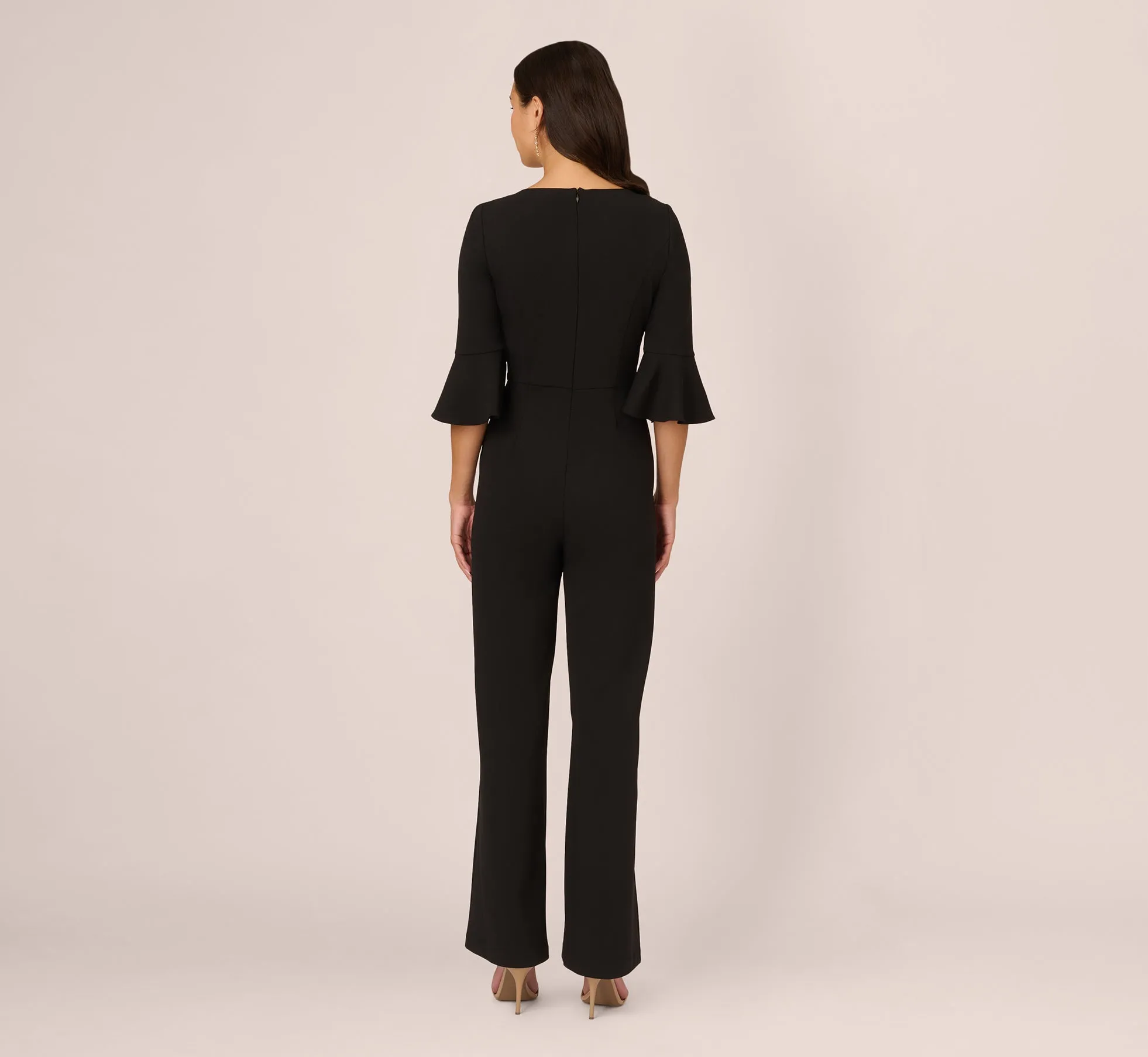 Knit Crepe Wide Leg Jumpsuit With Bell Sleeves In Black