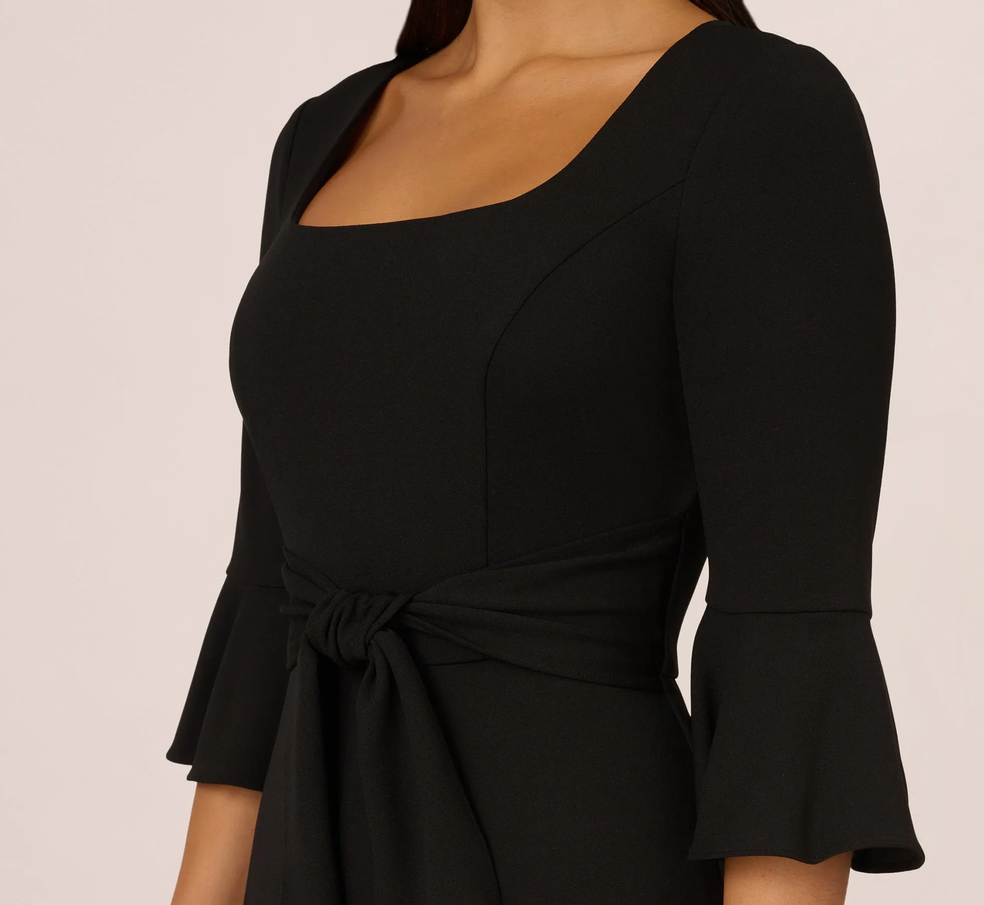 Knit Crepe Wide Leg Jumpsuit With Bell Sleeves In Black