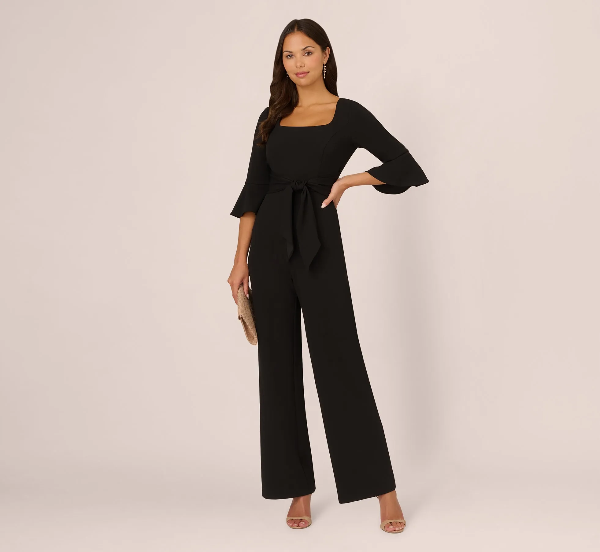 Knit Crepe Wide Leg Jumpsuit With Bell Sleeves In Black