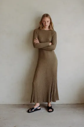 Knit Sweater Ribbed Long Sleeve Maxi Dress Brown