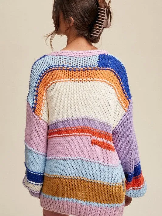 Lavender Dream Hand Knit Multi Color Striped Sweater Cardigan