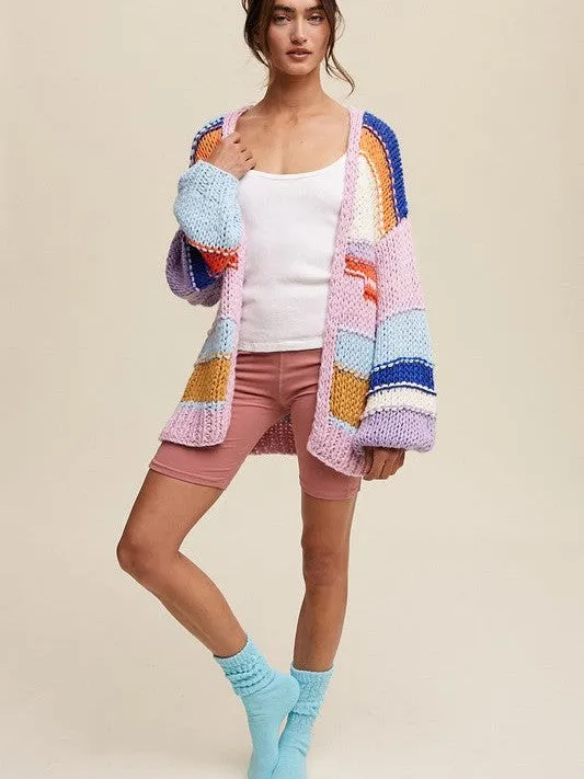 Lavender Dream Hand Knit Multi Color Striped Sweater Cardigan