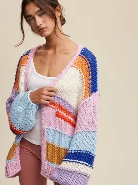 Lavender Dream Hand Knit Multi Color Striped Sweater Cardigan