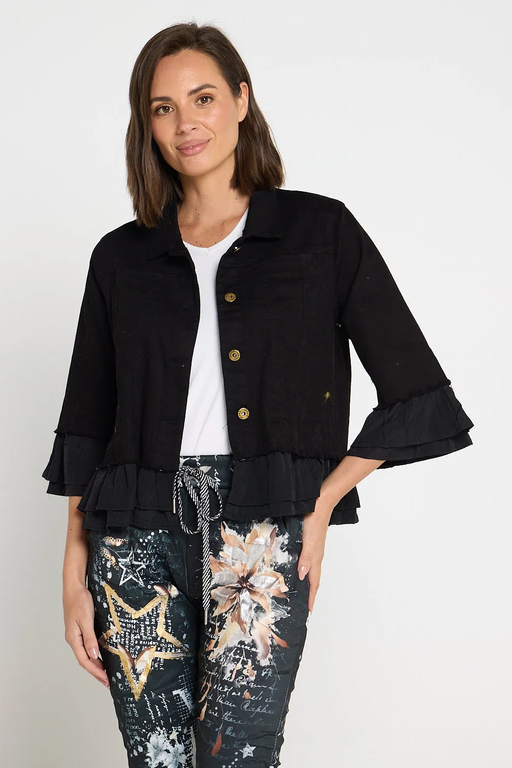 Leelah Cropped Ruffle Denim Jacket - Black