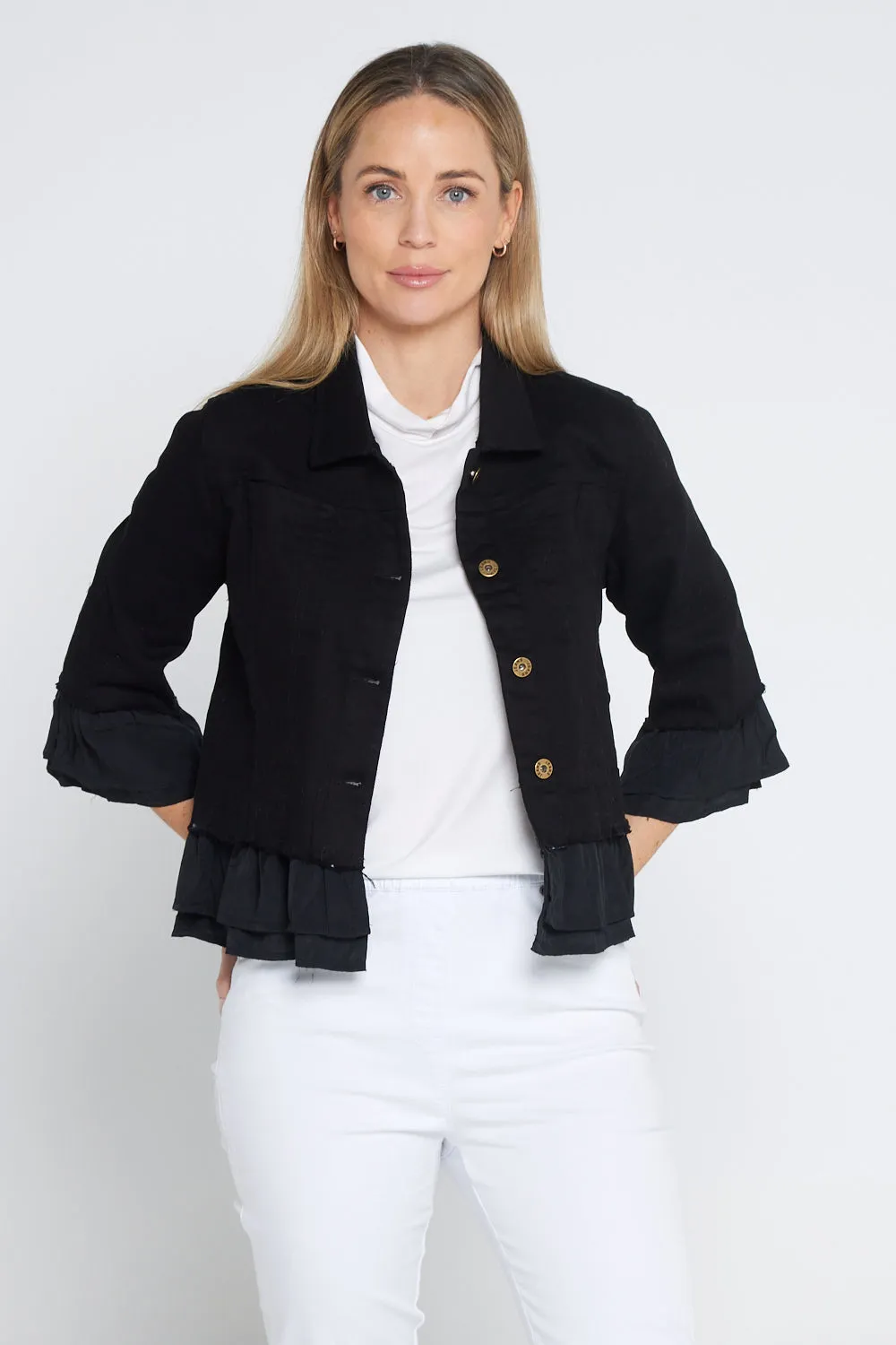 Leelah Cropped Ruffle Denim Jacket - Black