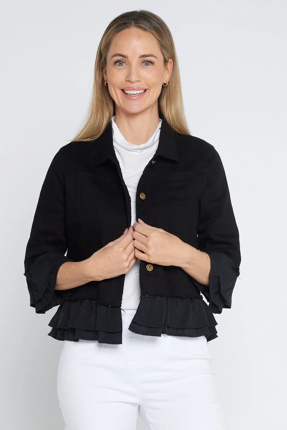 Leelah Cropped Ruffle Denim Jacket - Black