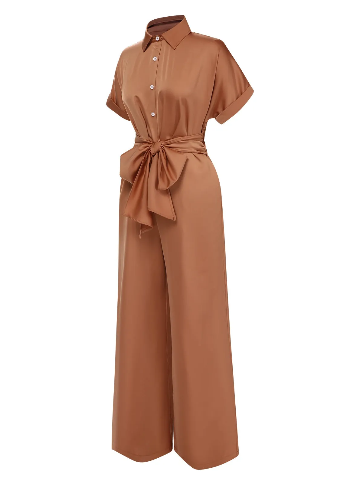 Light Brown 1930s Solid Belted Jumpsuit