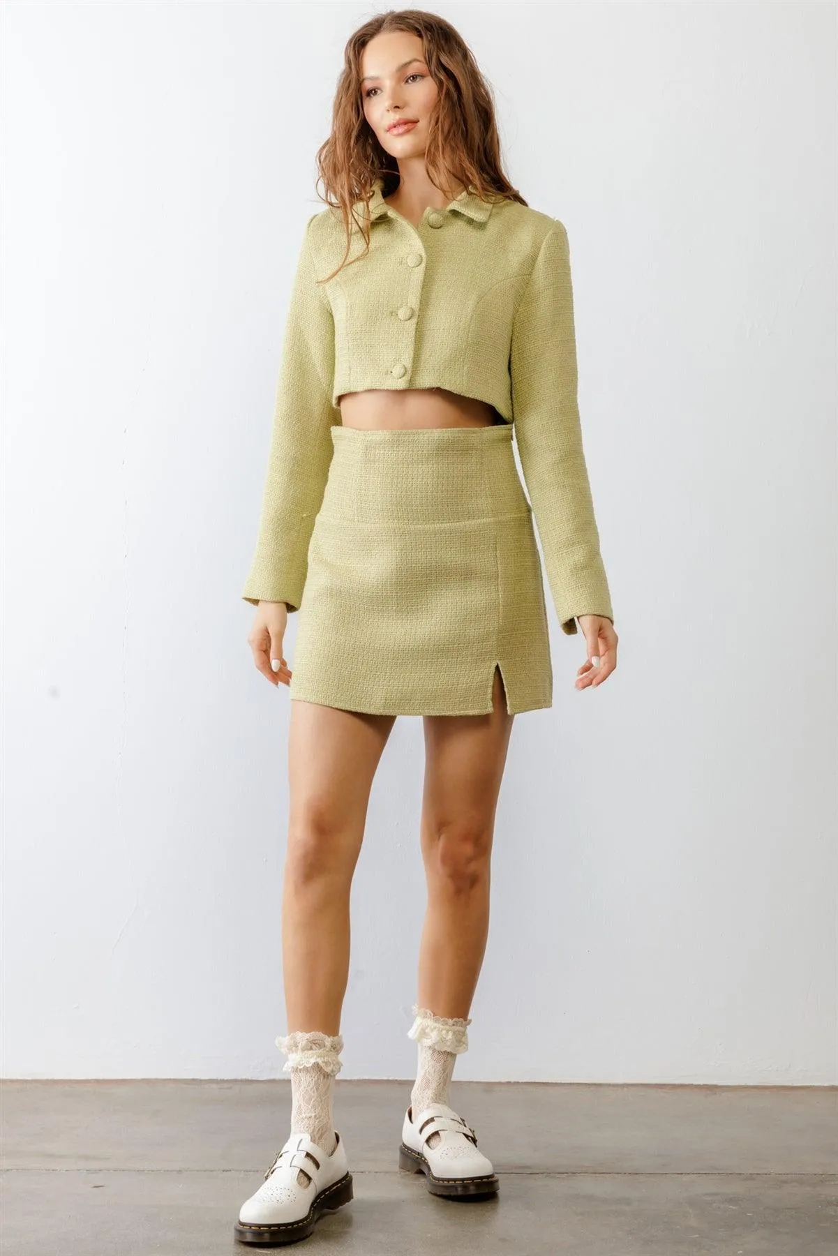 Light Green Tweed Button-Up Collared Neck Cropped Jacket & High Waist Skirt Set /1-2-2-1