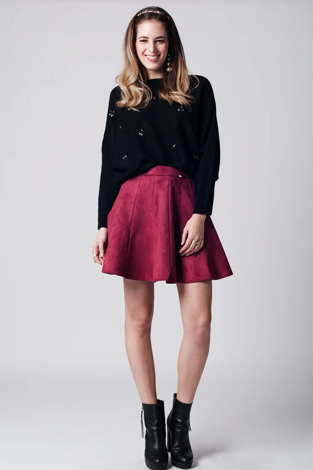 Marsala suede A-line midi skirt