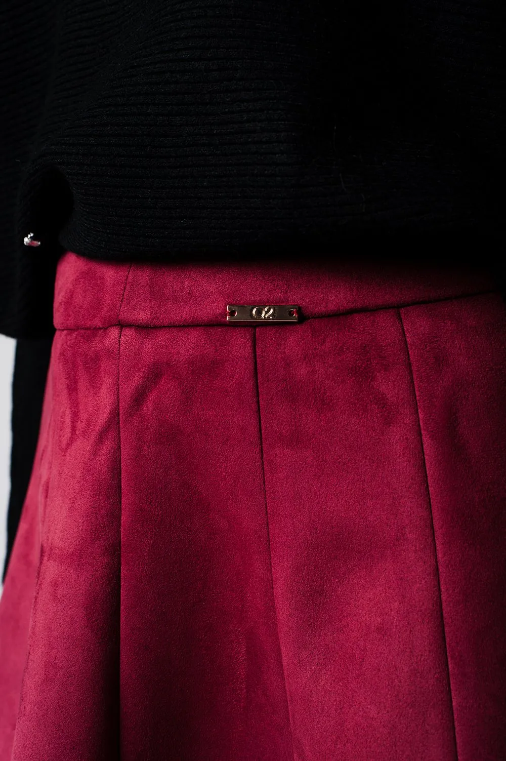 Marsala suede A-line midi skirt