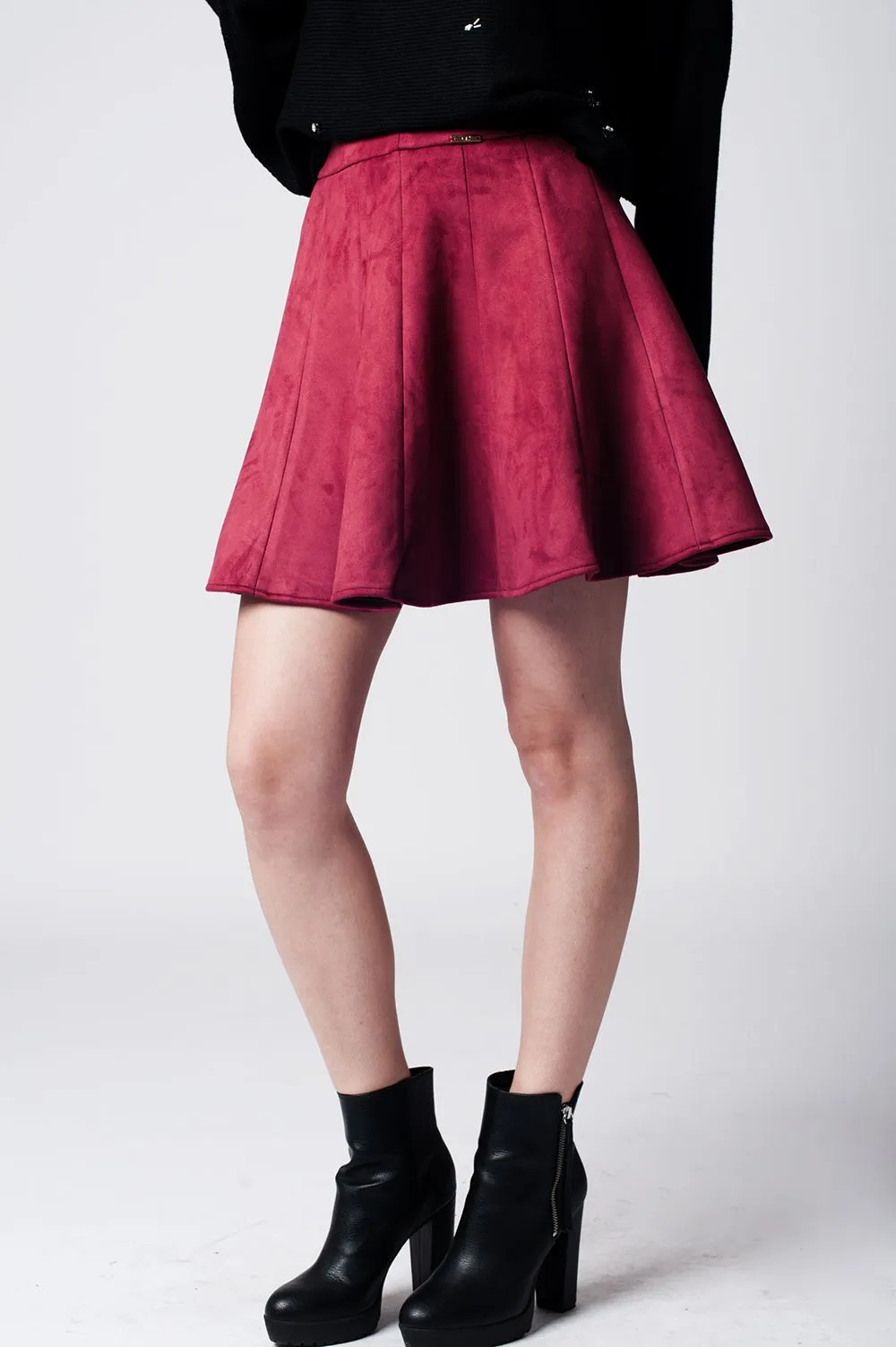 Marsala suede A-line midi skirt