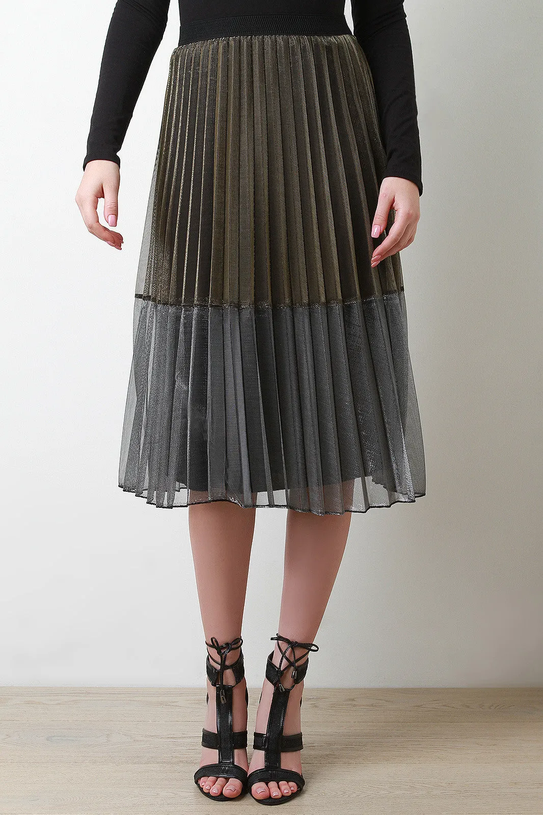 Metallic Sheer Accordion Midi Skirt