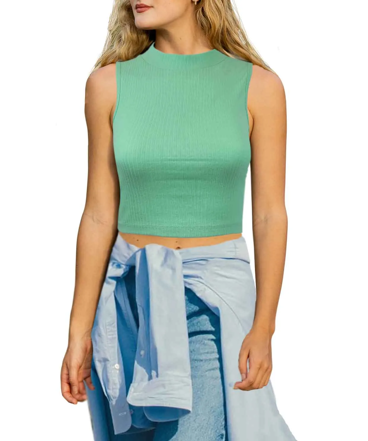 Mock Neck Crop Top | Cotton Blend | Women (3 Pack)