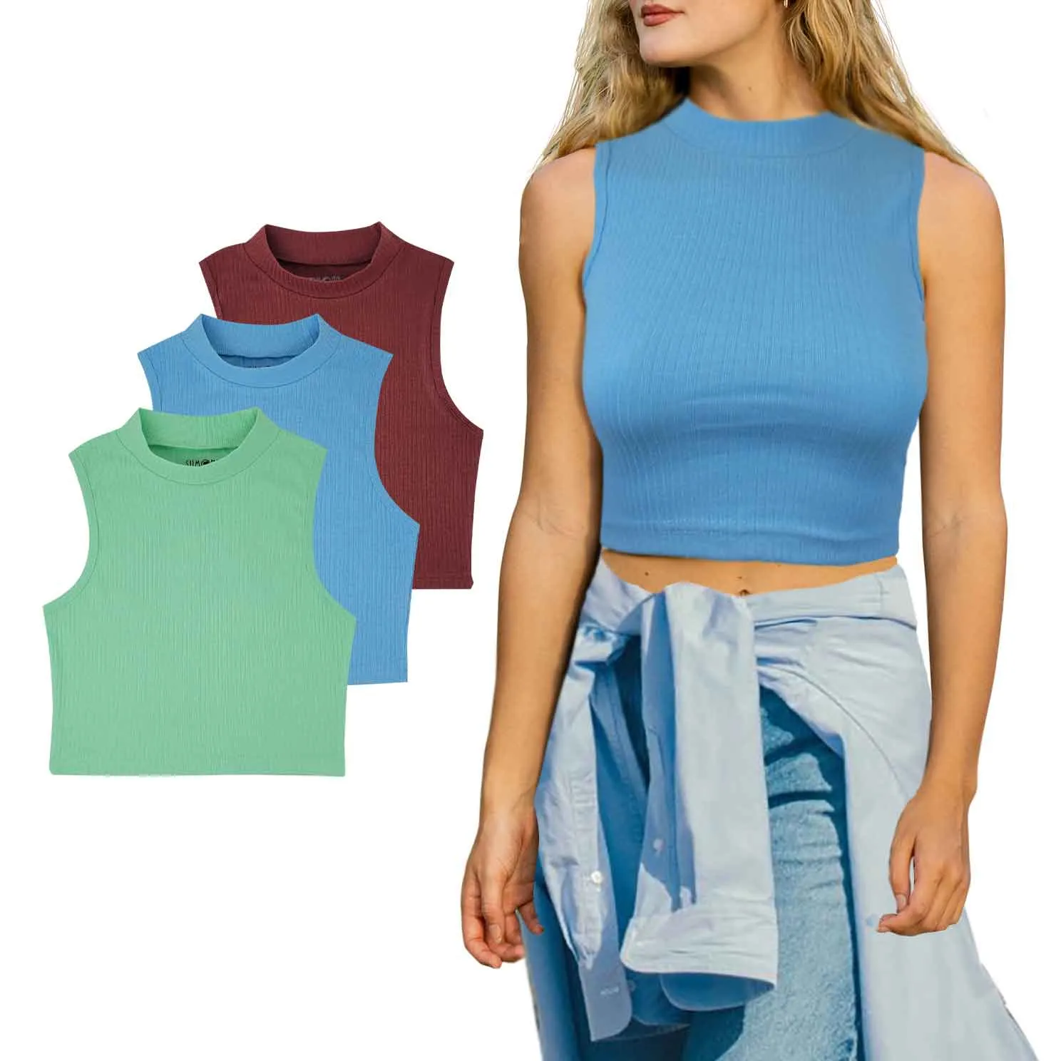 Mock Neck Crop Top | Cotton Blend | Women (3 Pack)