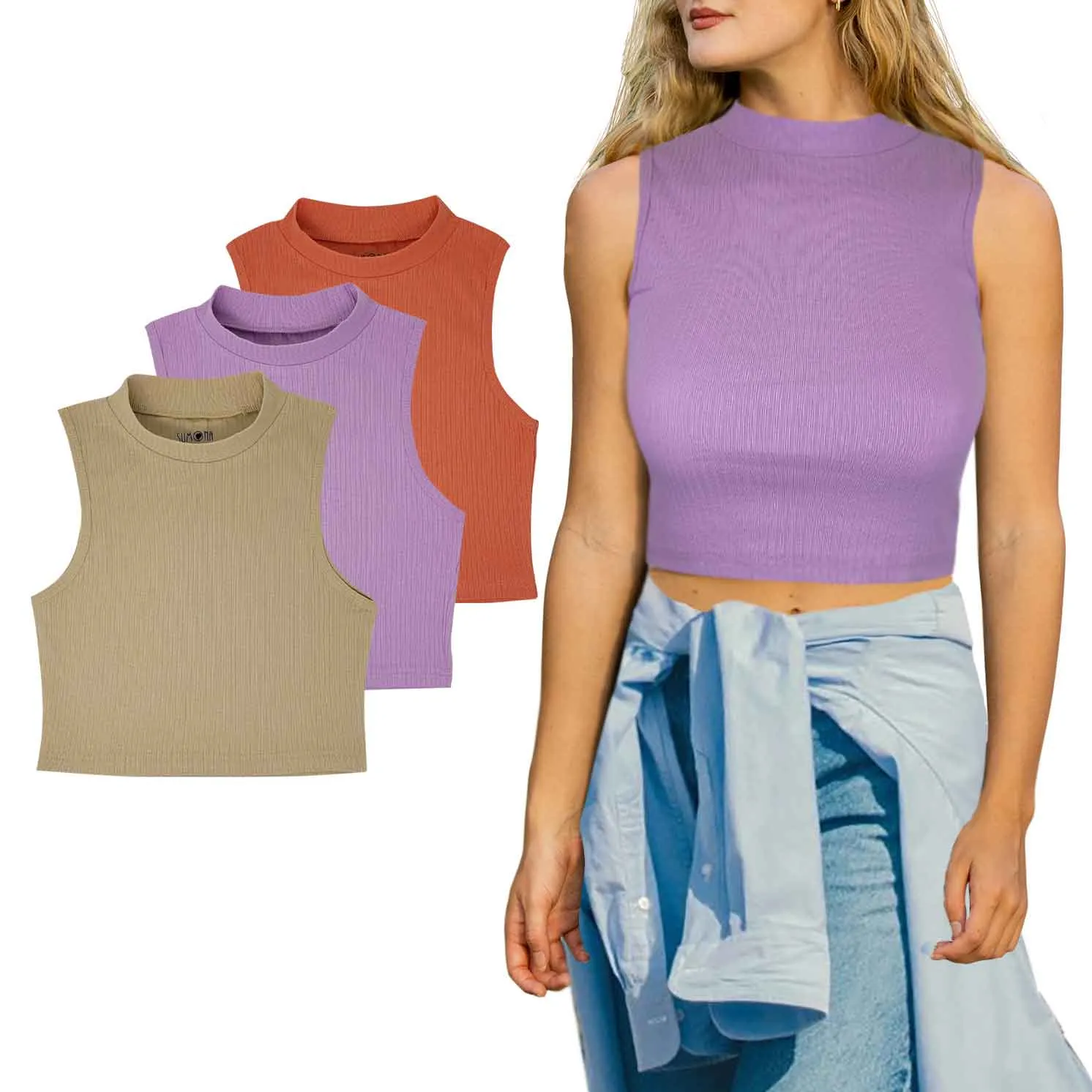 Mock Neck Crop Top | Cotton Blend | Women (3 Pack)