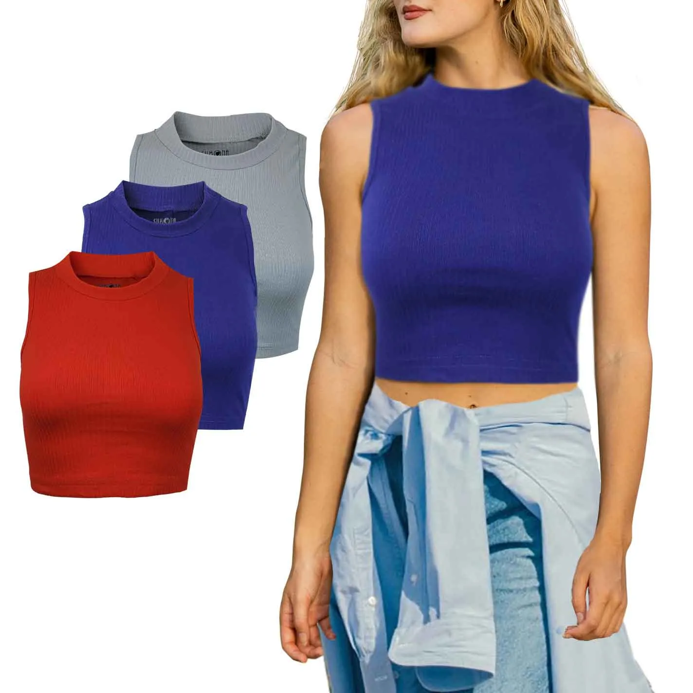 Mock Neck Crop Top | Cotton Blend | Women (3 Pack)