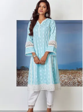 Mulmul Cotton Lakeshore Turq Kurta With Slim White Salwar