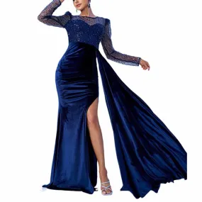 Navy Blue Prom Dress Split Long Maxi Dress Wedding Party Cocktail Dress