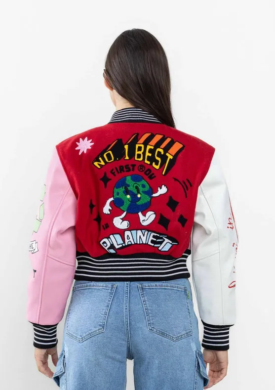 No.1 Best Planet Cropped Varsity Jacket