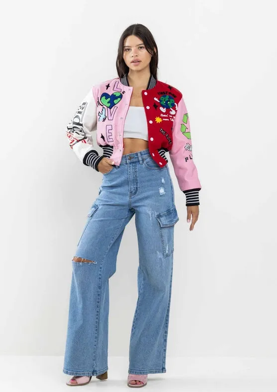 No.1 Best Planet Cropped Varsity Jacket