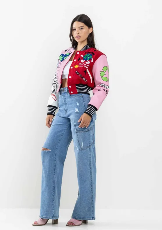 No.1 Best Planet Cropped Varsity Jacket