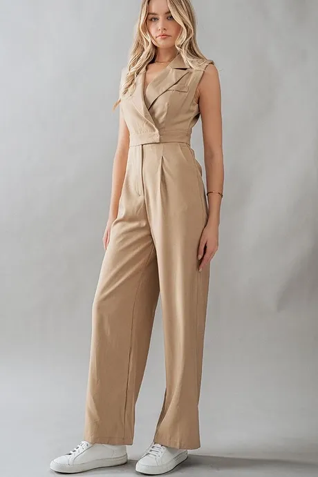 Notch Lapel Khaki Straight Leg Jumpsuit By Urban Daizy