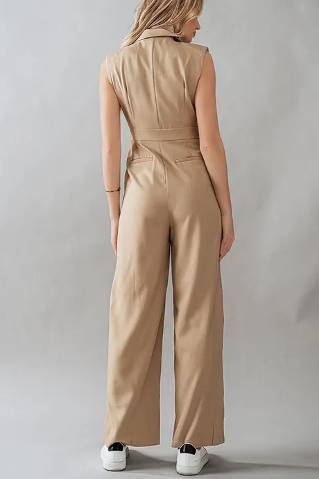 Notch Lapel Khaki Straight Leg Jumpsuit By Urban Daizy