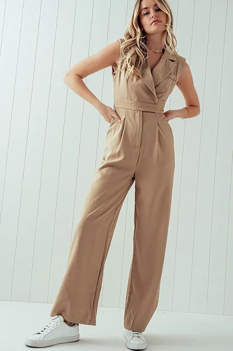 Notch Lapel Khaki Straight Leg Jumpsuit By Urban Daizy