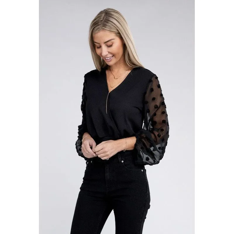 NUVI APPAREL V Neck Wrap Sheer Sleeves Bodysuit