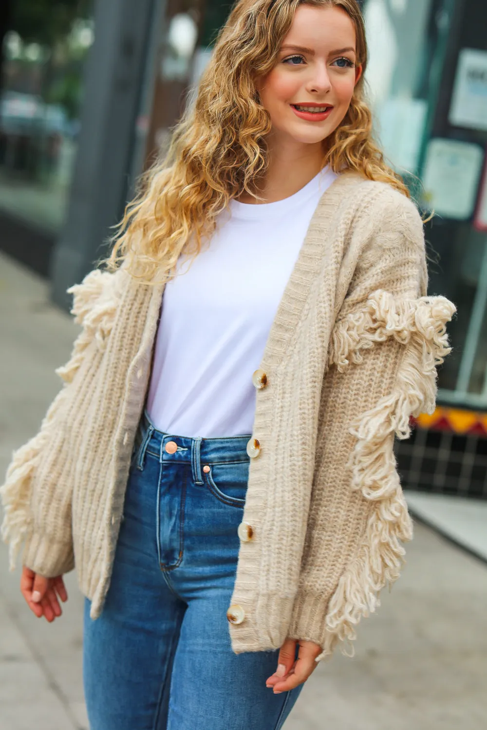 Oatmeal V Neck Fringe Chunky Cable Cardigan