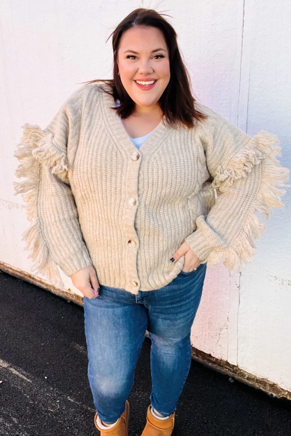 Oatmeal V Neck Fringe Chunky Cable Cardigan